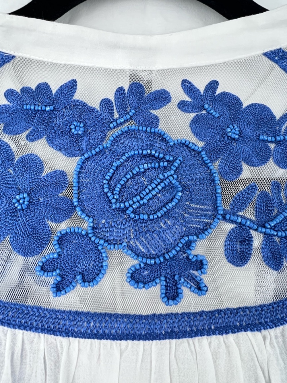 Anthropologie Long-Sleeve Lace Blouse White Blue Sz S Embroidered Beaded Relaxed - Picture 8 of 16